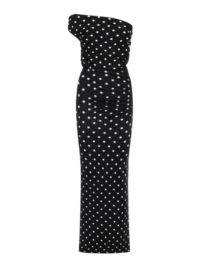 Self-portrait Draped Polka Dot Knit Midi Dress In Black