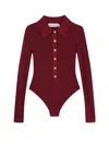 Self-portrait Bordeaux Viscose Bodysuit With Classic Collar In Red