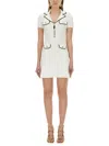 Self-portrait White Mini Dress With Notched Collar And Contrasting Trim In Viscose Blend Stretch Woman In White