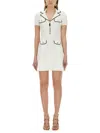 Self-portrait White Mini Dress With Notched Collar And Contrasting Trim In Viscose Blend Stretch Woman In White