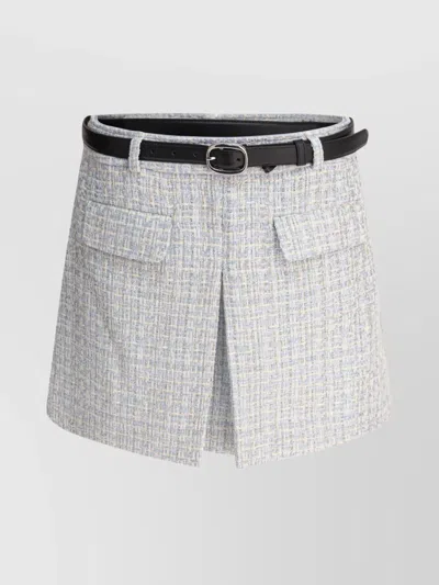 Self-portrait Waist Belted Pleat Pockets Textured Fabric In Blue