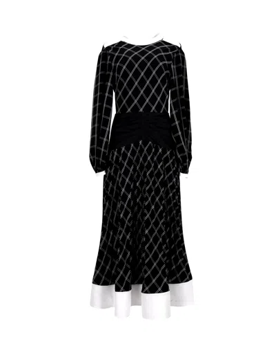 Self-portrait Waist Panel Split Sleeve Windowpane Check Midi Dress In Black Polyester