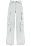 Self-portrait Bleached Effect Cargo Jeans With Visible Stitching In Blue