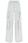 Self-portrait Bleached Effect Cargo Jeans With Visible Stitching In White (blue)
