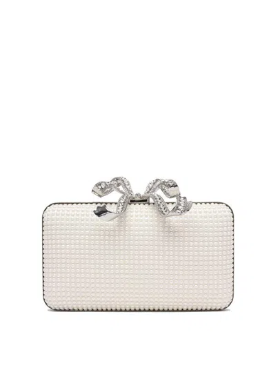 Self-portrait White Clutch With Pearls Embellishment And Bow Detail In Tech Fabric Woman