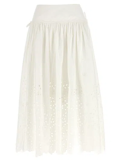Self-portrait White Midi Skirt With Side Gathered Details And All-over Embroidery