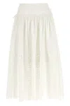 Self-portrait White Midi Skirt With Side Gathered Details And All-over Embroidery In Cotton Woman