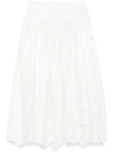 Self-portrait White Midi Skirt With Side Gathered Details And All-over Embroidery