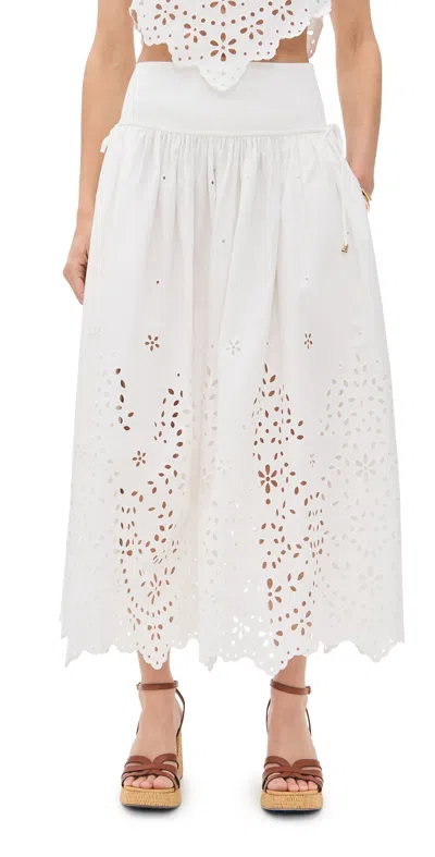 SELF-PORTRAIT WHITE COTTON EMBROIDERED MIDI SKIRT WHITE