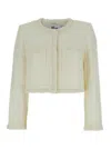Self-portrait White Crewneck Jacket With Sequin And Faux-pearls Embellishments In Tech Fabric Woman