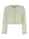 Self-portrait White Crewneck Jacket With Sequin And Faux-pearls Embellishments In Tech Fabric Woman In Brown