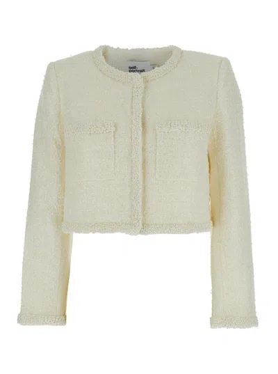 Self-portrait White Crewneck Jacket With Sequin And Faux-pearls Embellishments In Tech Fabric Woman In Brown