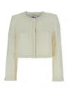 Self-portrait White Crewneck Jacket With Sequin And Faux-pearls Embellishments In Neutral