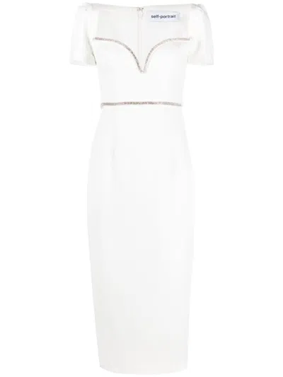 Self-portrait White Diamante Trim Split Crepe Midi Dress