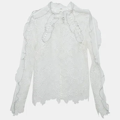 Pre-owned Self-portrait White Floral Guipure Lace Ruffled Full Sleeve Top M