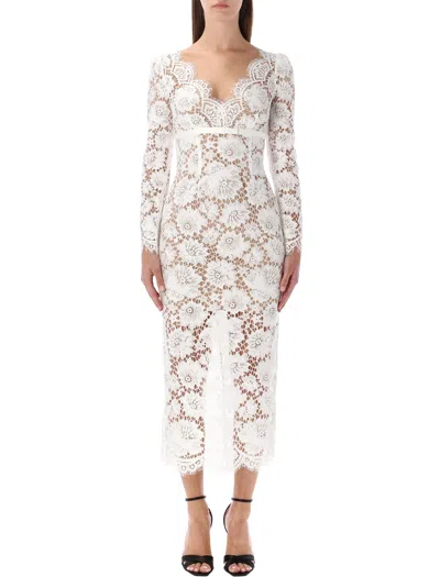 SELF-PORTRAIT SELF-PORTRAIT WHITE FLORAL LACE MIDI DRESS WITH SATIN BOW