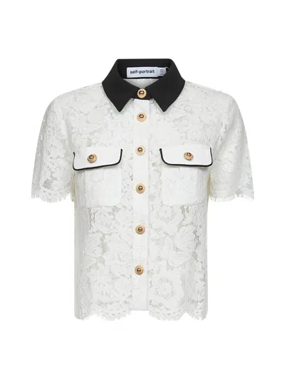 SELF-PORTRAIT WHITE FLORAL LACE SHORT-SLEEVED SHIRT