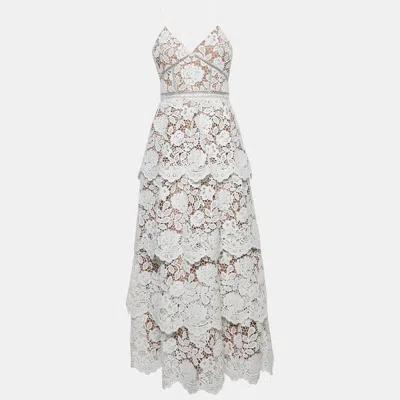 Pre-owned Self-portrait White Floral Lace Tiered Maxi Dress M