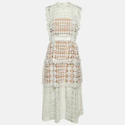 Pre-owned Self-portrait White Floral Lattice Lace Sleeveless Midi Dress M