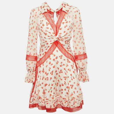 Pre-owned Self-portrait White Floral Print Chiffon Lace Inserts Mini Dress S