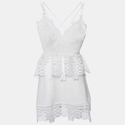 Pre-owned Self-portrait White Guipure Lace Sleeveless Mini Peplum Dress S