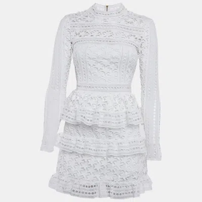 Pre-owned Self-portrait White Guipure Lace Tiered Mini Dress S