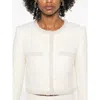 Self-portrait White Crewneck Jacket With Sequin And Faux-pearls Embellishments In Tech Fabric Woman