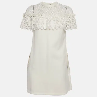 Pre-owned Self-portrait White Knit Lace Trimmed Mini Shift Dress S