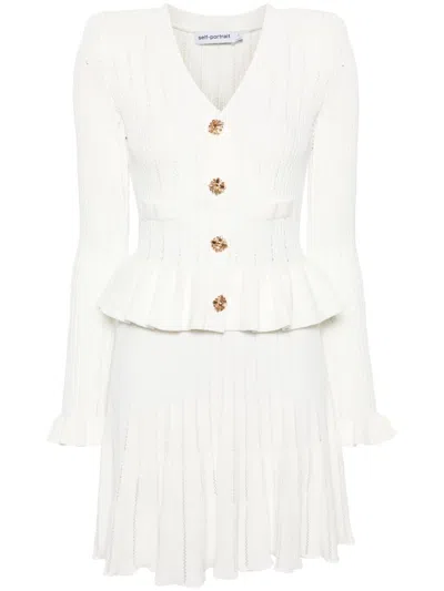 Self-portrait Pointelle-knit Peplum Mini Dress In White