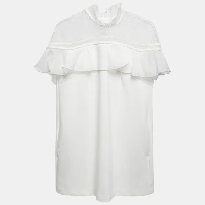 Self-portrait White Knit Ruffled Sleeveless Mini Dress