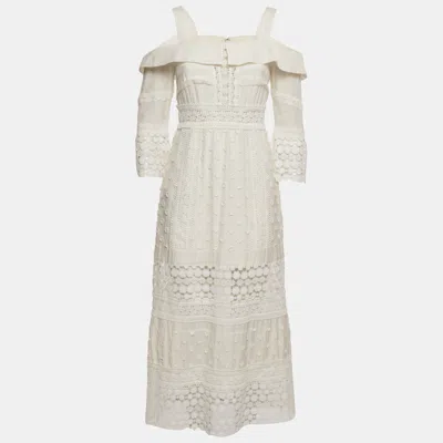 Pre-owned Self-portrait White Lace Insert Cotton Midi Dress Dress M