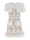 Self-portrait White Mini Dress With Jewel Buttons With Crystals And All-over Floral Lace Embroidery In Tehc Fabric