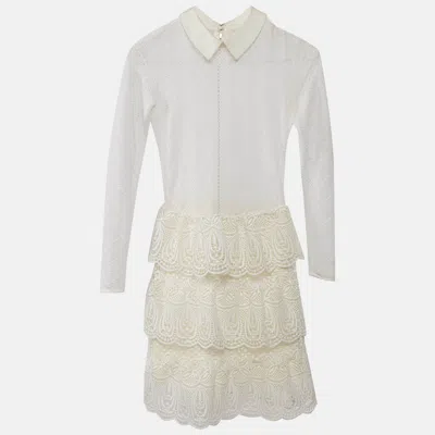 Pre-owned Self-portrait White Lace Ruffled Full Sleeve Mini Dress S