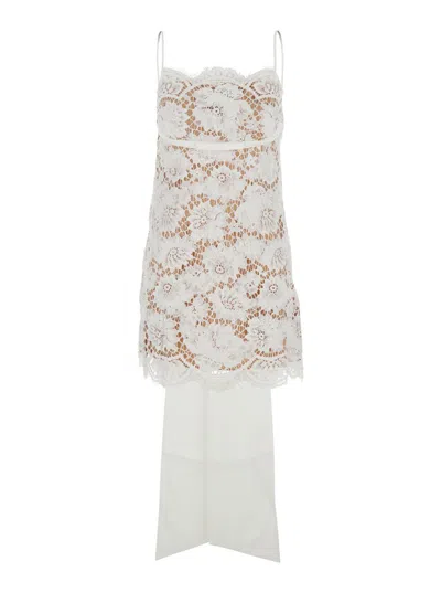 SELF-PORTRAIT WHITE SLEEVELESS MINI DRESS WITH FLORAL LACE EMBROIDERY AND SCALLOP HEM IN COTTON BLEND WOMAN