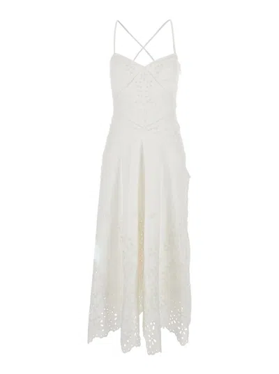 SELF-PORTRAIT WHITE MIDI DRESS WITH ALL-OVER EMBROIDERY AND SCALLOP HEM
