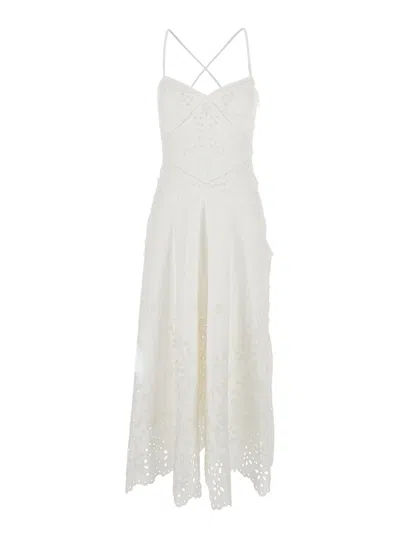 SELF-PORTRAIT SELF-PORTRAIT WHITE MIDI DRESS WITH ALL-OVER EMBROIDERY AND SCALLOP HEM IN COTTON WOMAN