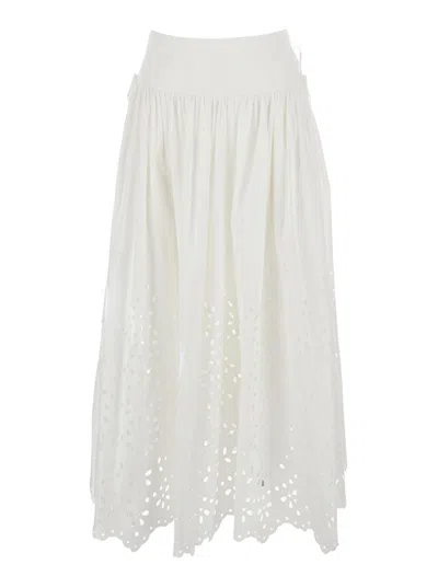 Self-portrait White Midi Skirt With Side Gathered Details And All-over Embroidery In Cotton Woman