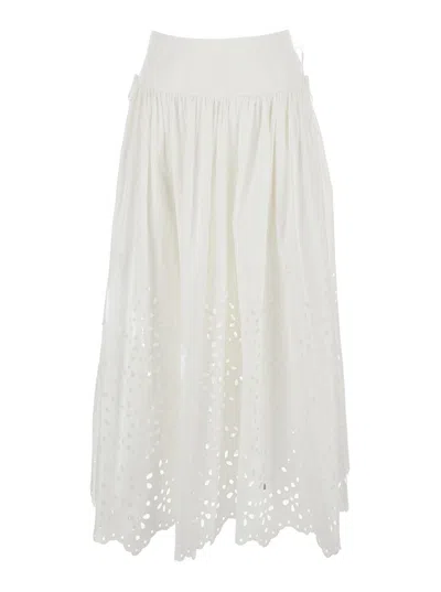 Self-portrait White Midi Skirt With Side Gathered Details And All-over Embroidery
