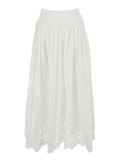 SELF-PORTRAIT SELF-PORTRAIT WHITE MIDI SKIRT WITH SIDE GATHERED DETAILS AND ALL-OVER EMBROIDERY IN COTTON WOMAN