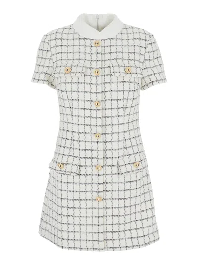 SELF-PORTRAIT WHITE MINI DRESS WITH JEWEL BUTTONS AND ALL-OVER CHECK MOTIF IN TECH FABRIC WOMAN