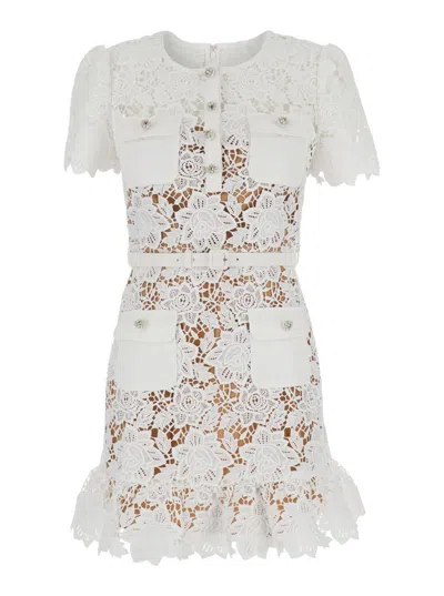 Self-portrait White Mini Dress With Jewel Buttons With Crystals And All-over Floral Lace Embroidery