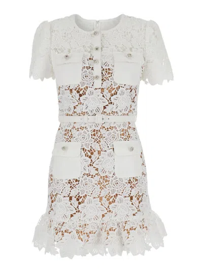 Self-portrait White Mini Dress With Jewel Buttons With Crystals And All-over Floral Lace Embroidery In Tehc Fabric