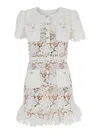 Self-portrait White Mini Dress With Jewel Buttons With Crystals And All-over Floral Lace Embroidery In Tehc Fabric