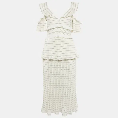 Pre-owned Self-portrait White Monochrome Stripe Chiffon Midi Dress M