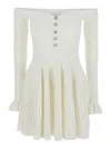 Self-portrait Off-the-shoulder Pleated Ribbed-knit Mini Dress In White