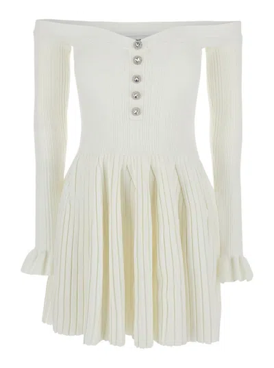 SELF-PORTRAIT WHITE OFF-SHOULDER  MINI DRESS WITH ALL-OVER STRIPED MOTIF