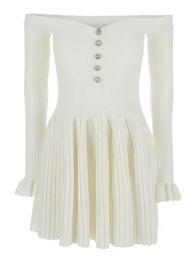 SELF-PORTRAIT SELF-PORTRAIT WHITE OFF-SHOULDER  MINI DRESS WITH ALL-OVER STRIPED MOTIF IN VISCOSE BLEND STRETCH WO