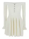 Self-portrait Off-the-shoulder Pleated Ribbed-knit Mini Dress In White