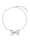 Self-portrait Lustrous Pearl Necklace With Bow-shaped Pendant In Black