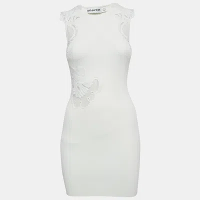 Pre-owned Self-portrait White Rib Knit Inserted Lace Mini Dress M